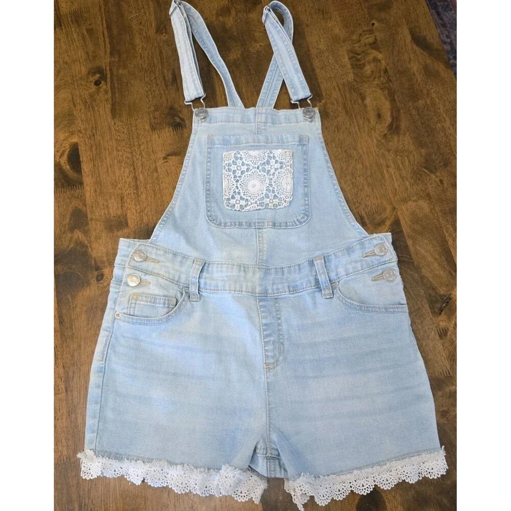 Justice Girls Y2K Denim Short Overalls Size 16 Crochet Ruffle Trim Light Wash